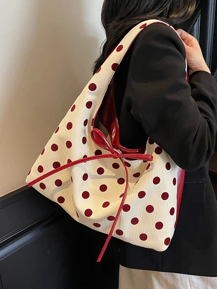 Womens Polka Dot Tote Bag Fashion Casual Large Capacity Shoulder Bags Patchwork Underarm Pock Bow Handbags 250507