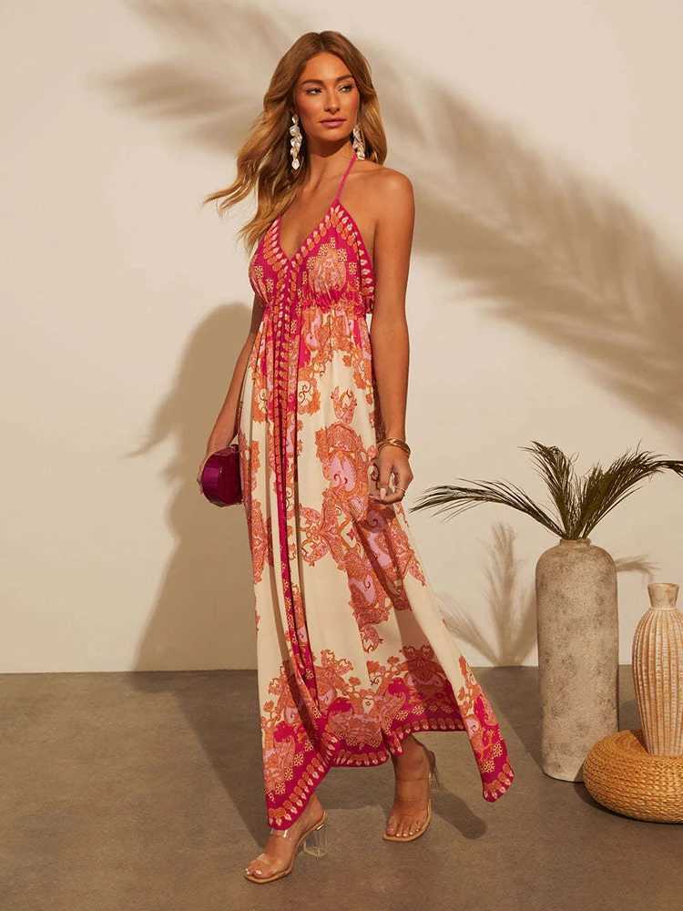 Womens summer V-neck camisole bohemian floral dress womens clothing red dress sexy womens clothing sun dress beach dress M250508