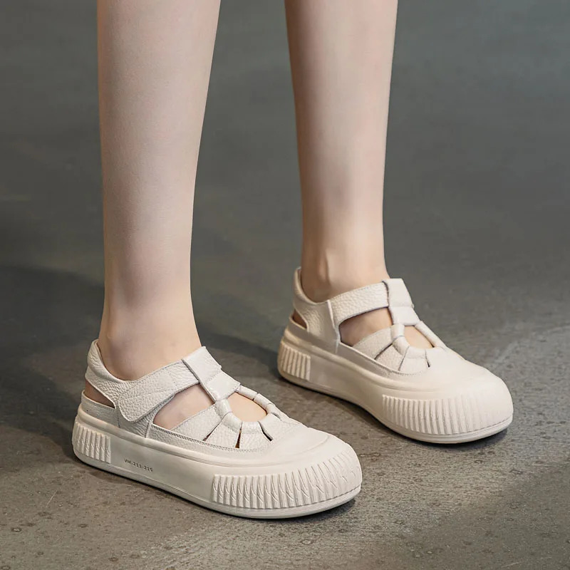 Drkanol 2025 Womens Sandals Summer Round Heel Strap Leather Short and Fat Platform Casual 250428