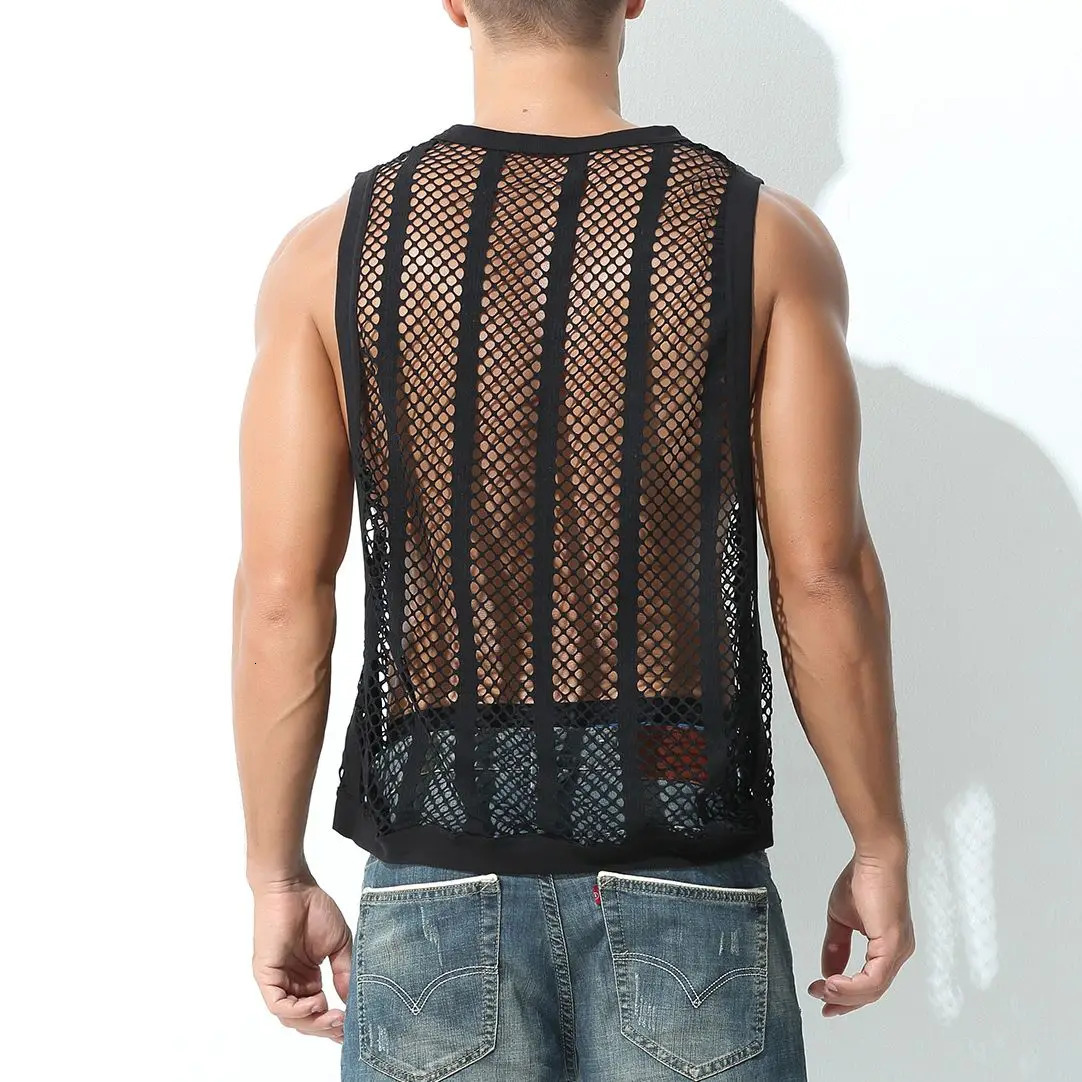 CLEVERMENMODE Mens Tank Top Sleeveless Underwear Sexy Mesh Transparent Hollow See Through Fishnet Tshirt Muscle Single 250430Z