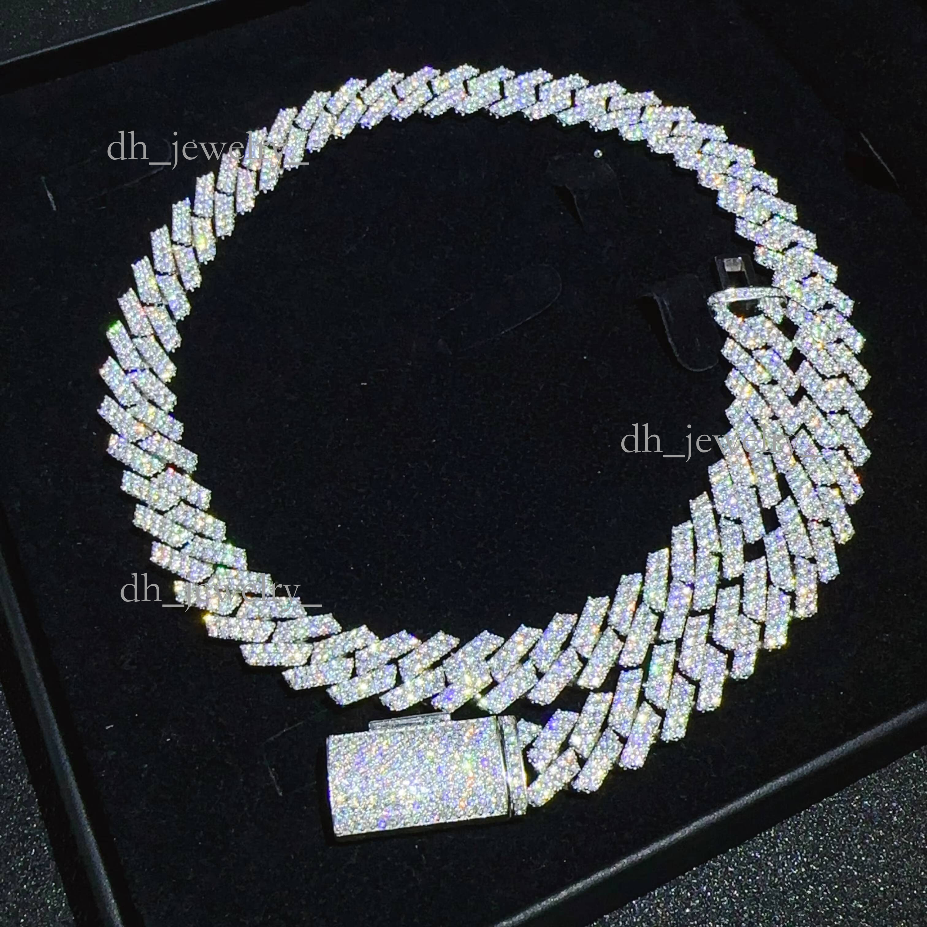 Bulk Stock Best Selling Pass Dia Tester Solid Sier 12mm Two Rows Iced Out Hip Hop VVS1 Moissanite Miami Cuban Link