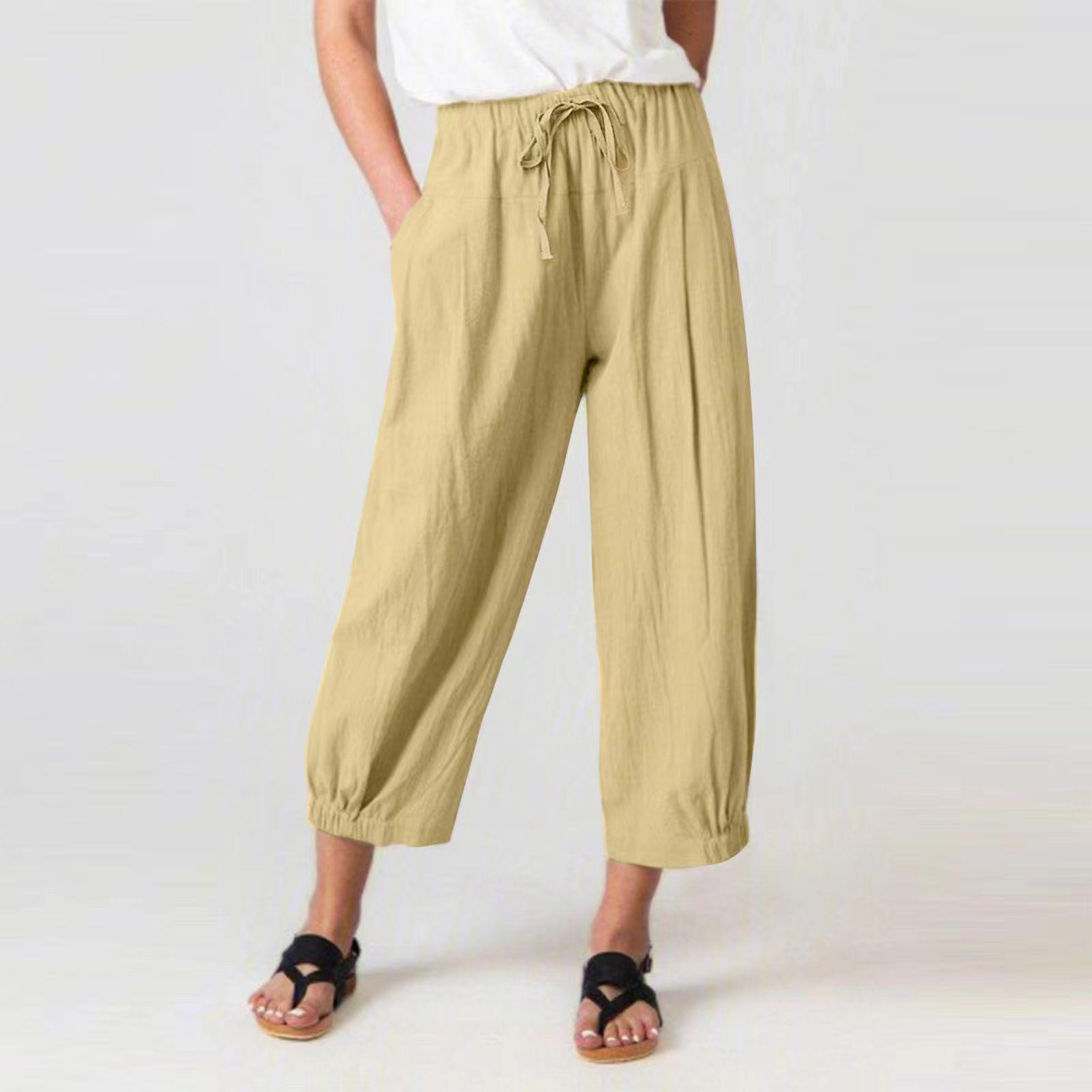 New cotton and linen pull rope nine points pants pocket casual pants ladies loose wide leg pants 2025