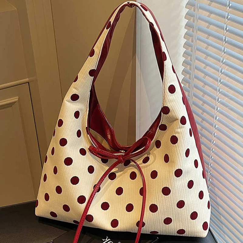 Womens Wave Point Shoulder Bag Large Capacity Bow Lace-up Commut Tote Bags Fashion Versatile Splice Color Handbags 250507