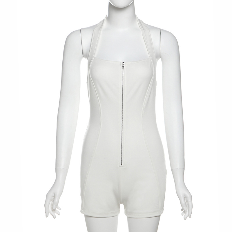 Zip Halter Playsuit Women Summer Trend Backless Fitness Sleeveless Stretch Casual Sporty Workout Activity One Piece Rompers