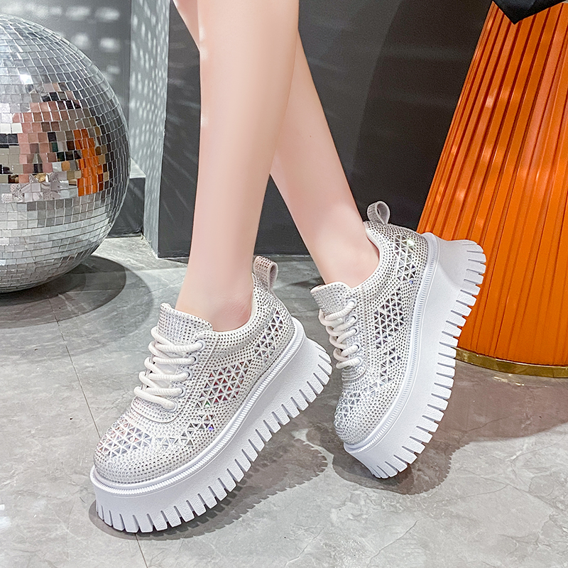 New 2025 Women's 5cm Thick Bottom Casual Shoes Crystal White Luxury Shining Sports Shoes Trendy Anti Slip Flat Casual Shoes Fashion Tennis Shoes 