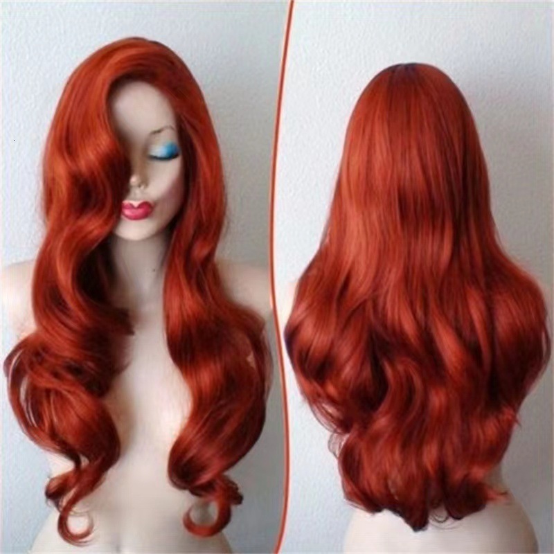 New 2024 Wig Female Wig Female Wig Wine Red Medium length Curled Hair Synthetic Headset
