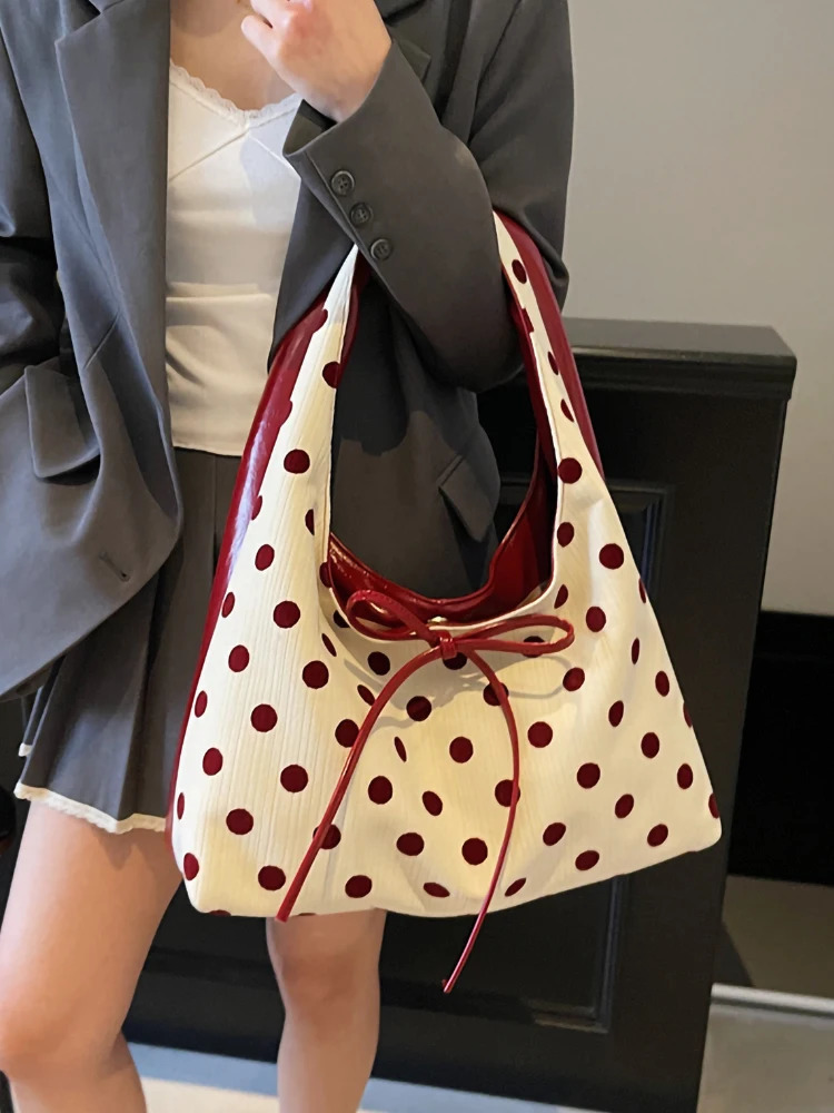 Womens Polka Dot Tote Bag Fashion Casual Large Capacity Shoulder Bags Patchwork Underarm Pock Bow Handbags 250507
