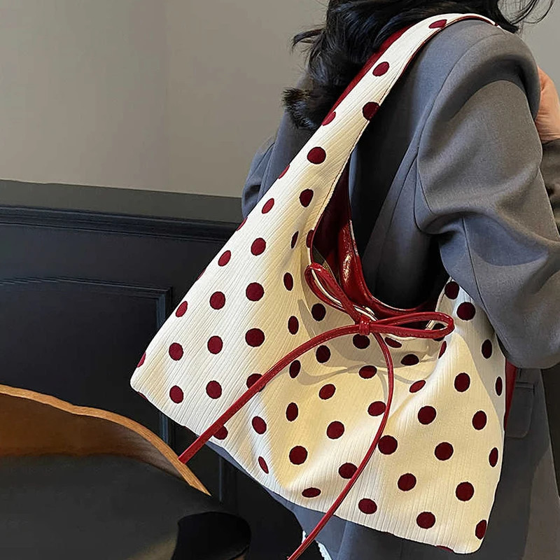 Womens Wave Point Shoulder Bag Large Capacity Bow Lace-up Commut Tote Bags Fashion Versatile Splice Color Handbags 250507