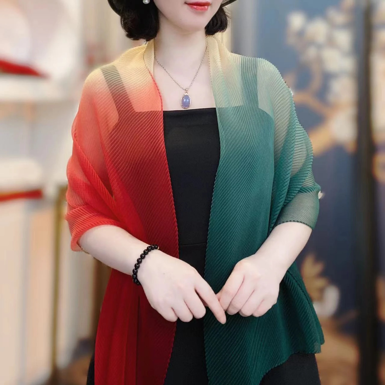 K655 Rainbow gradient pressure wrinkle scarf for women new irregular summer light and breathable neck protection air conditioning scarf shawl for two 