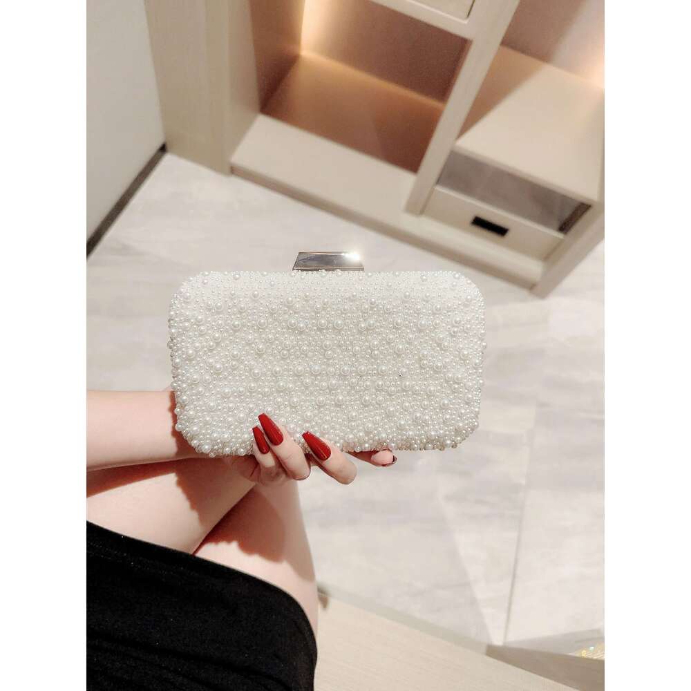 New Pearl Square Box Type Beaded Clutch Chain Banquet Evening Dress Wedding Bag