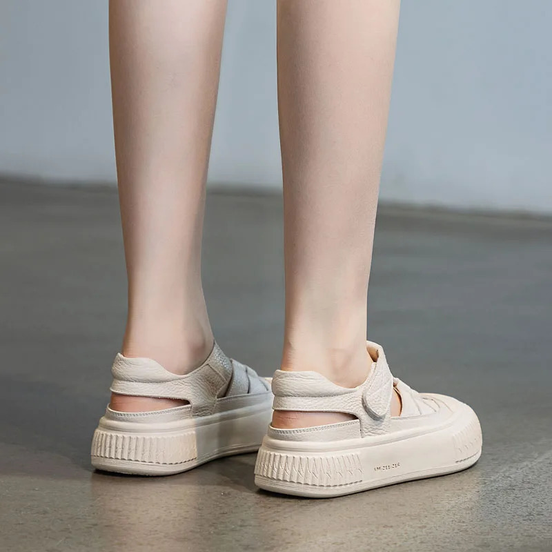 Drkanol 2025 Womens Sandals Summer Round Heel Strap Leather Short and Fat Platform Casual 250428