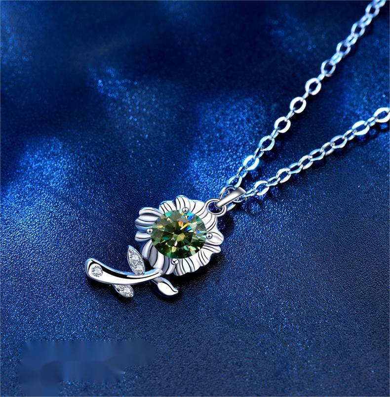 925 Sterling Silver Necklace Green Moissanite Sunflower Pendant Jewelry for Valentine's Day Gift