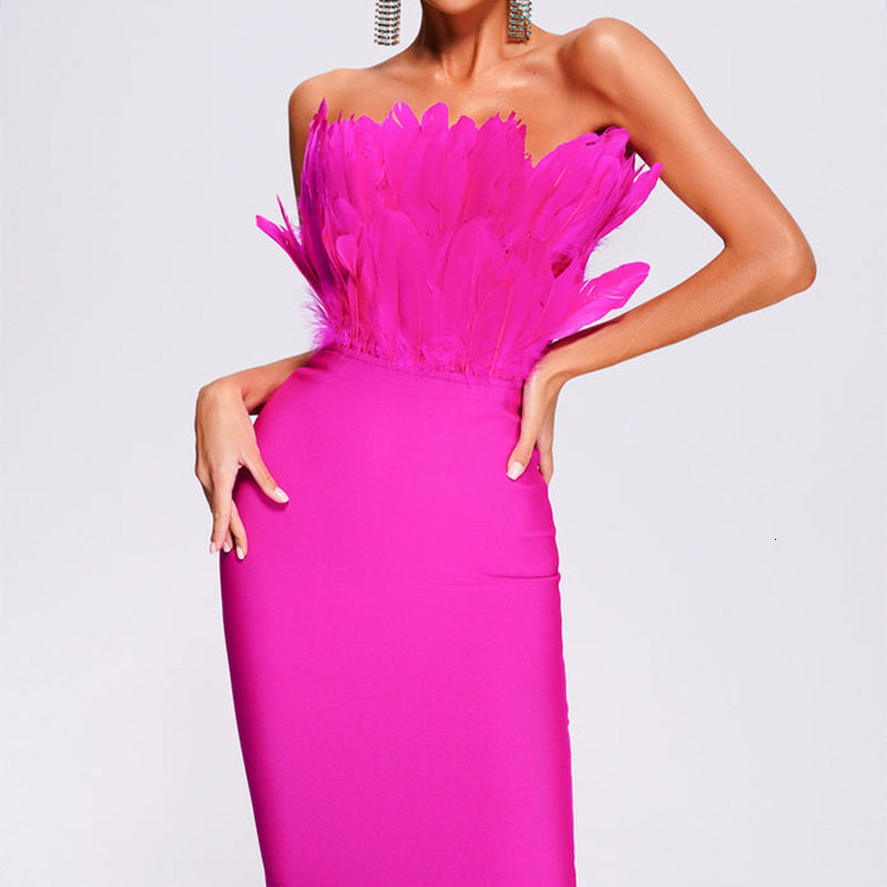 Christmas new mid long fashion dress with topless ostrich hair high-end temperament bandage dress for women 240415