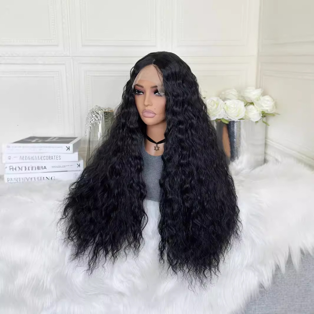for Wig ladies front lace synthetic headband black medium split long curly hair with water ripples