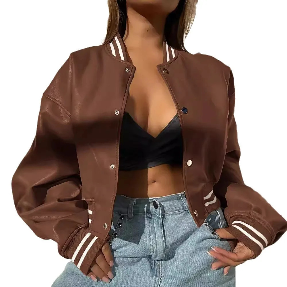 Autumn Women Striped Baseball Single Breasted Jackets Fall Winter Long Sleeve Coats 2YK Motorcycle Girls PU Leather Outerwear 250507