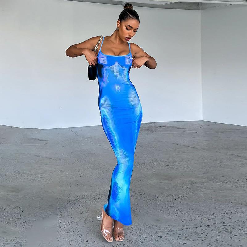Wind Spicy Girl Hanging Strap Print Dress Casual Vacation Slim Fit Dress Summer Womens Wrap Hip Long Dress