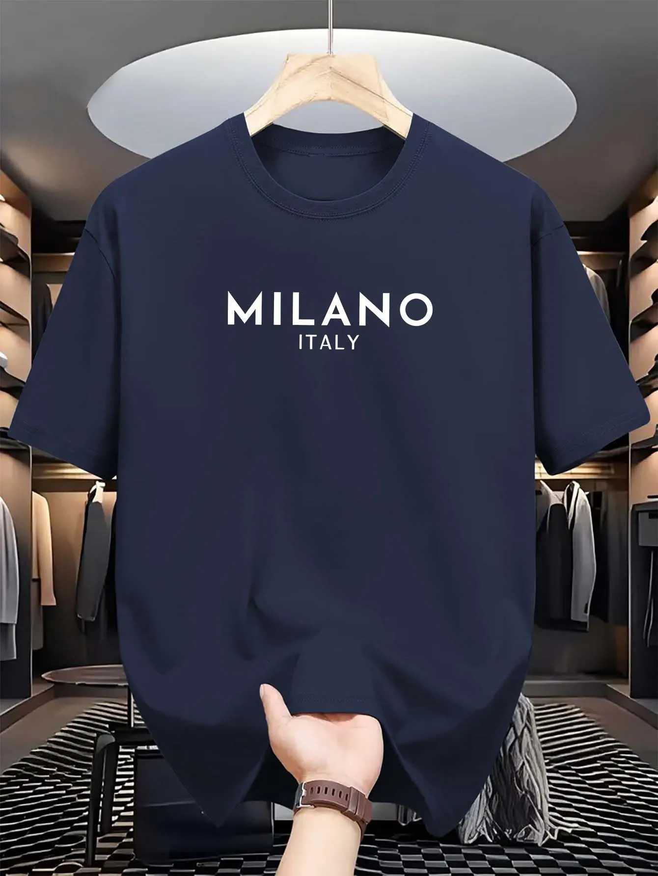 Summer mens 100% pure cotton casual loose and fashionable MILANO ITALY letter printed round neck short sleeved T-shirt topT250509
