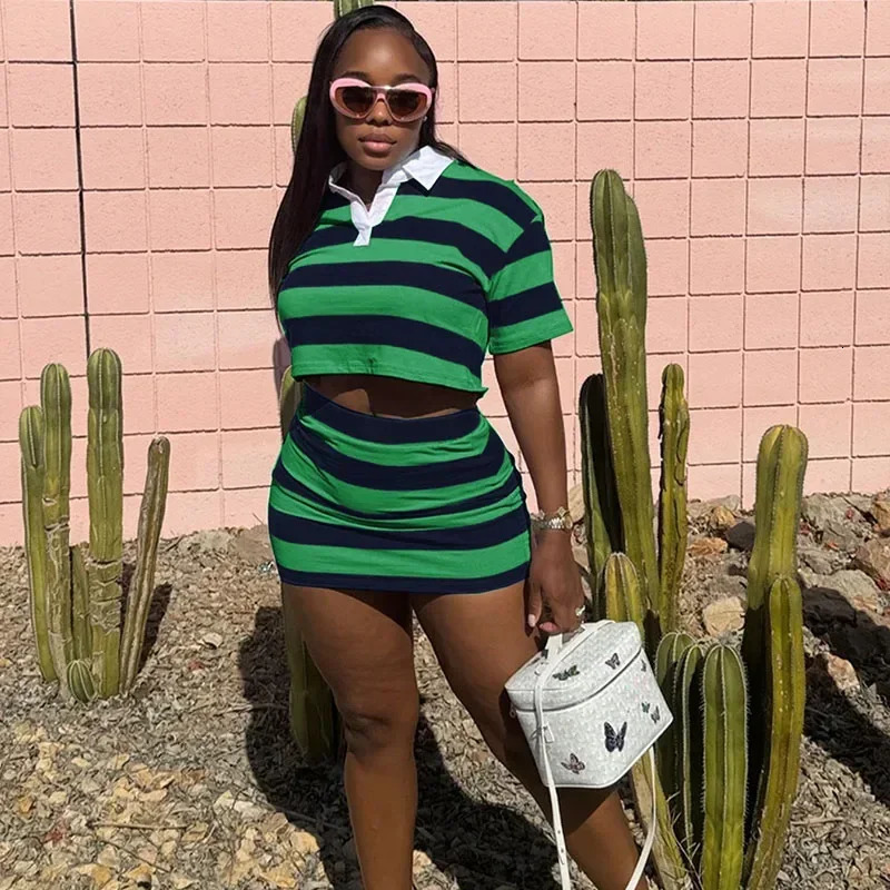 Sporty Fitness Striped Print 2piece set suitable for womens streetwear casual collar shirts cut tops and mini ski sets 250430Z