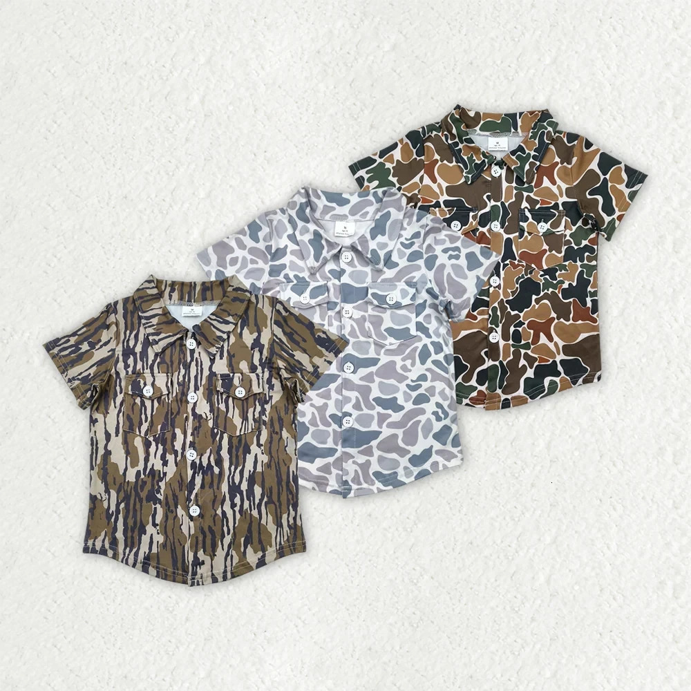 Wholesale summer western boutique children Sibling Baby Boys Western Camo Short Sleeves Button Pockets Shirts Tops 250508
