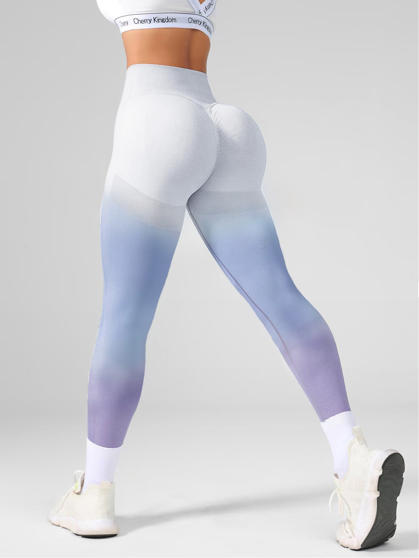 Yoga with no awkward lines, gradient belly hugging peach hip pants, women's quick drying high waisted nude sports pants