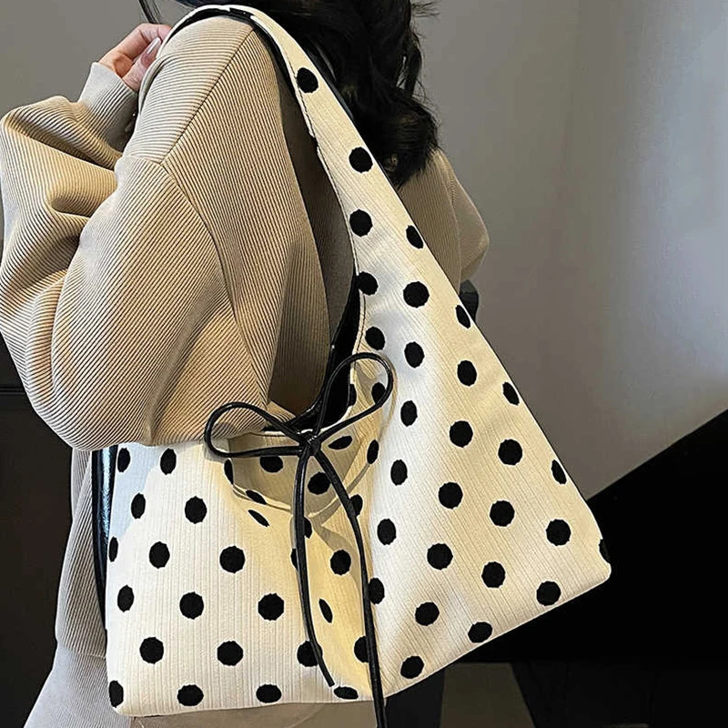 Womens Wave Point Shoulder Bag Large Capacity Bow Lace-up Commut Tote Bags Fashion Versatile Splice Color Handbags 250507