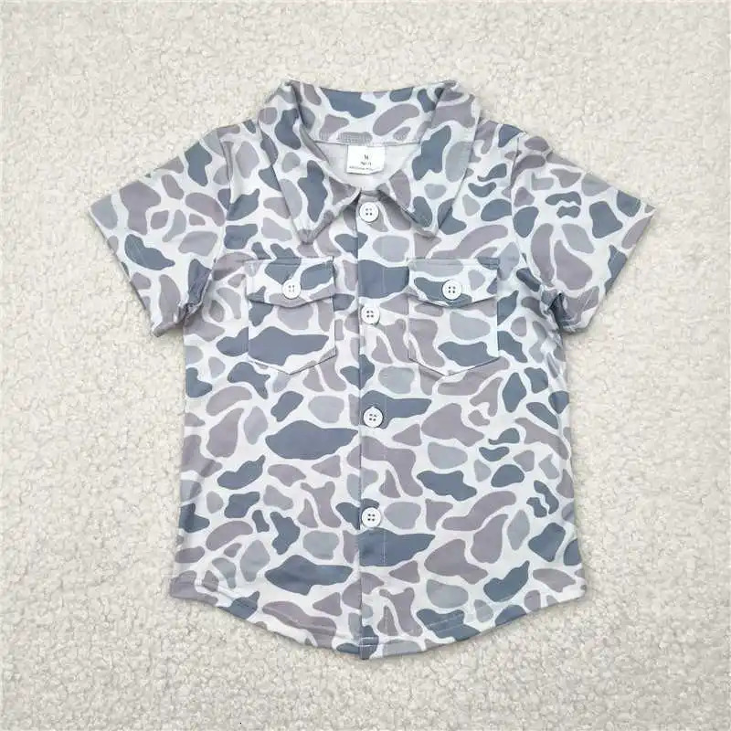Wholesale summer western boutique children Sibling Baby Boys Western Camo Short Sleeves Button Pockets Shirts Tops 250508