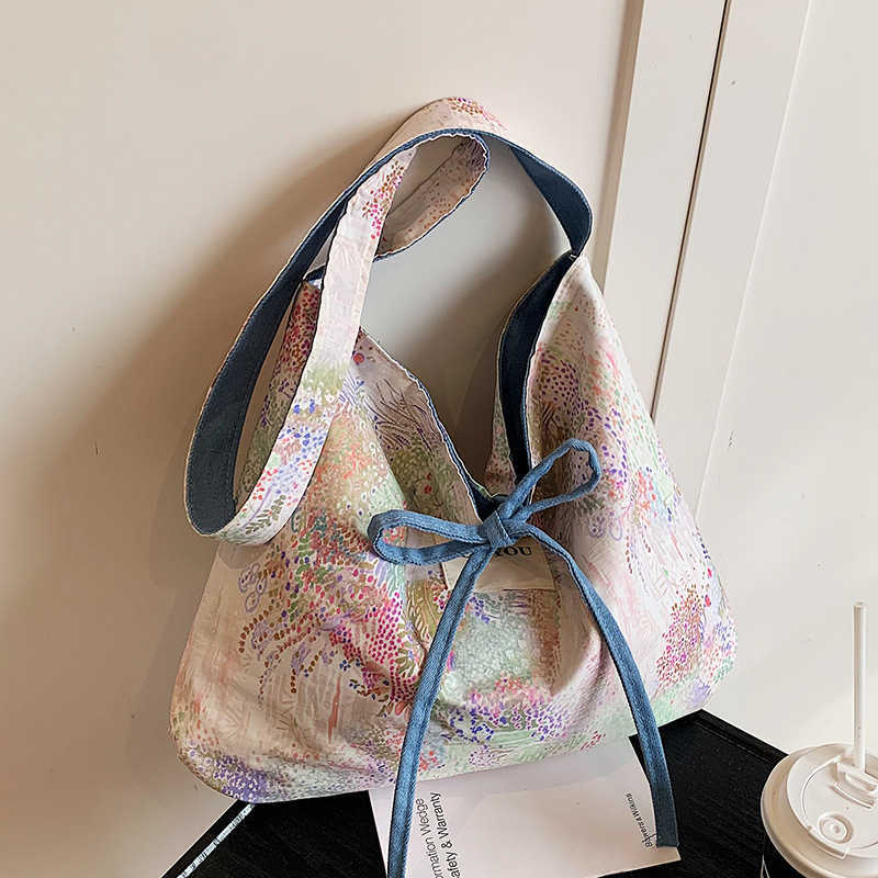 Spring and summer new lazy ethnic style patchwork large capacity tote bag, lightweight and casual artistic sense, single shoulder crossbody women'