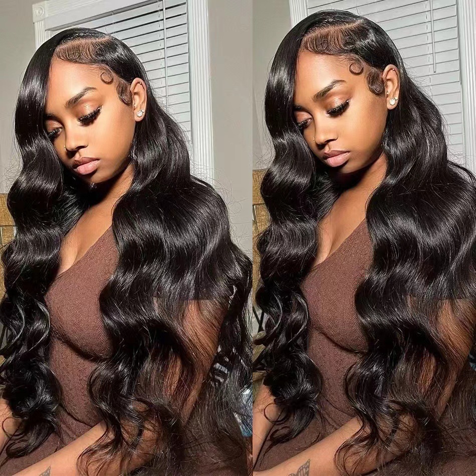 Female Wig Black Medium Split Large Wave Long Curled Front Lace Natural Fluffy Curly Full Headset