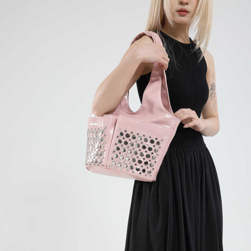 Women's new punk rivet inlaid new frosted bucket bag, stylish women's underarm shoulder bag