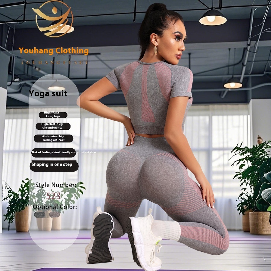 Spring and summer slimming set, short sleeved pants, women's fitness tight fitting sports running yoga set