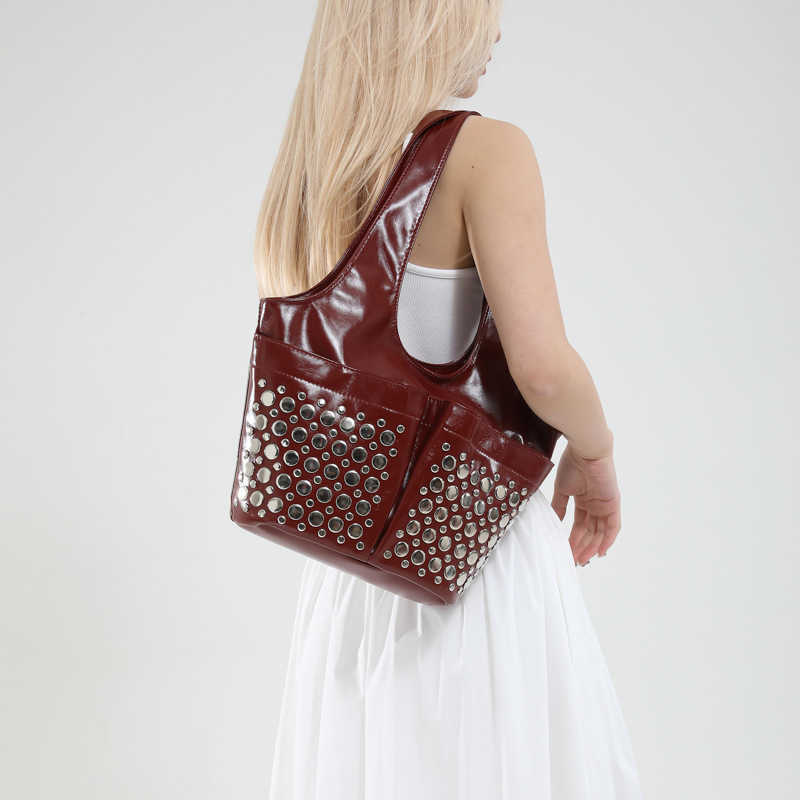 Women's new punk rivet inlaid new frosted bucket bag, stylish women's underarm shoulder bag