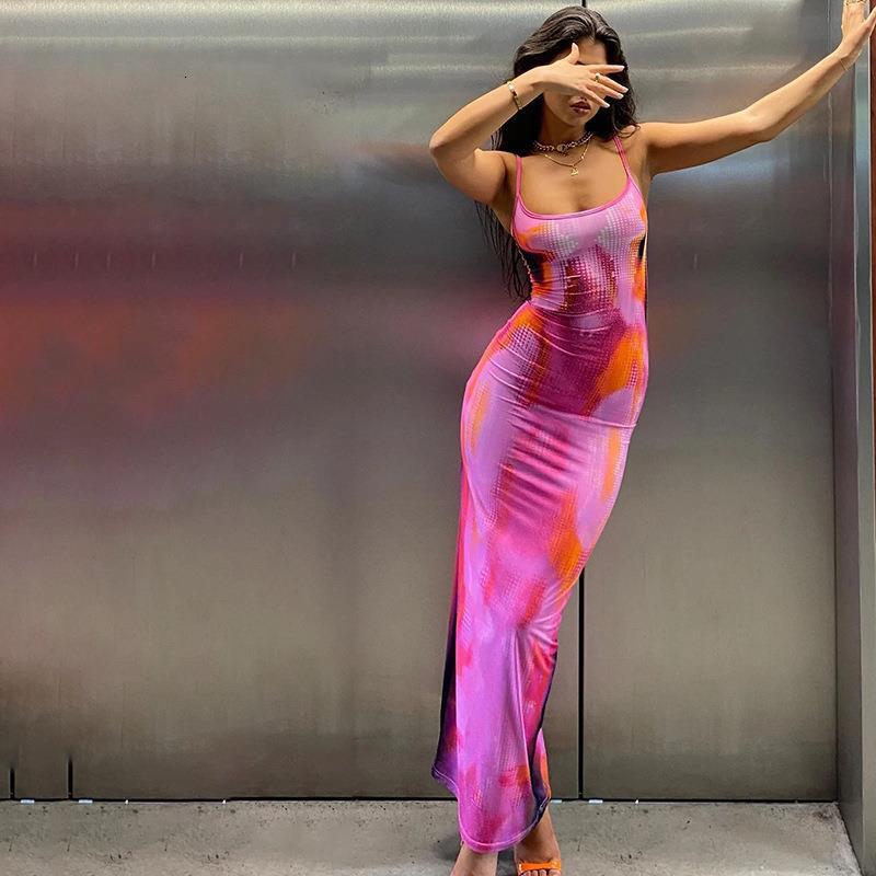 Wind Spicy Girl Hanging Strap Print Dress Casual Vacation Slim Fit Dress Summer Womens Wrap Hip Long Dress