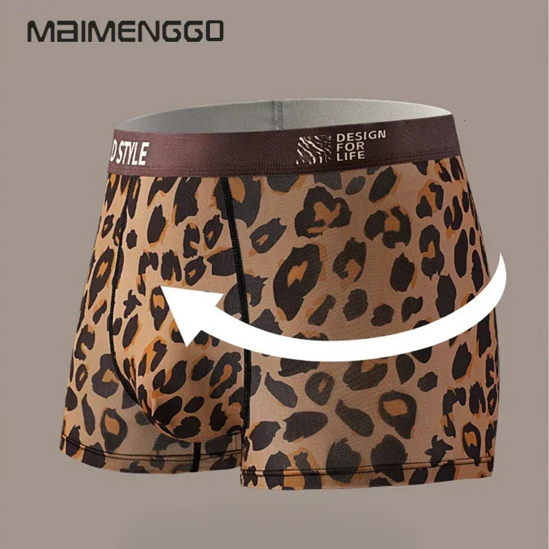 MAIMENG Mens Ice Silk Underwear Brown Panther Comfortable Mid Waist Antibacterial Fashion Pattern 250430Z