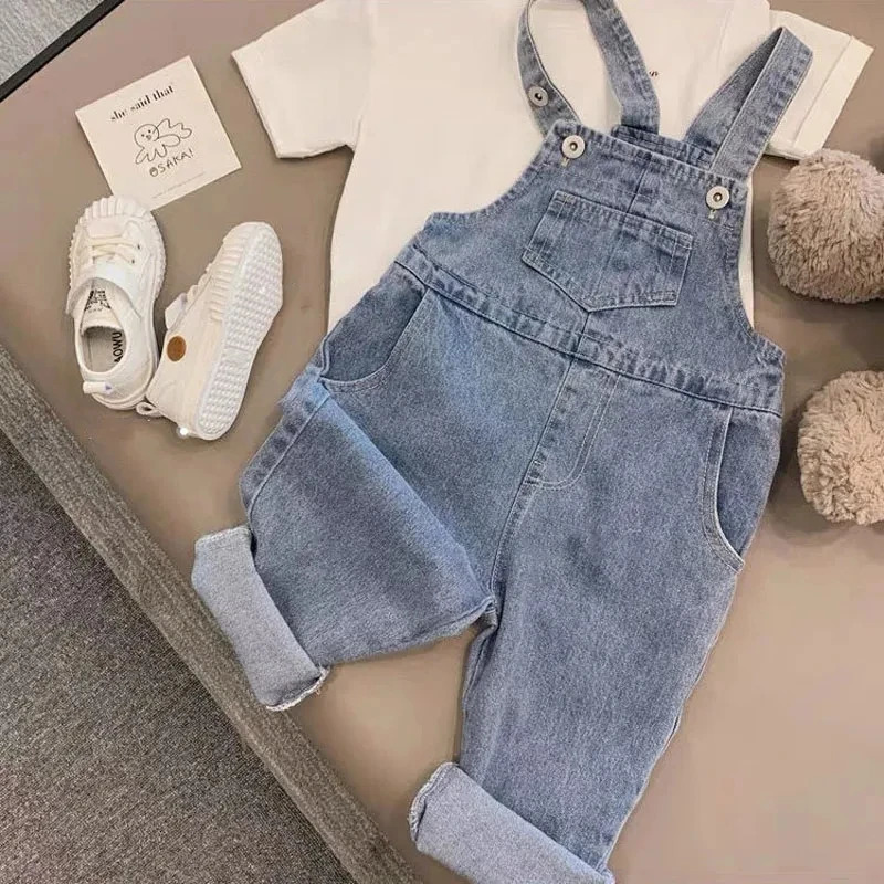 Spring Autumn Boys Girls Baby All-match Casual Jeans Light Color Denim Overalls Trendy Baby Thickened One-Pieces Denim Overalls 250508