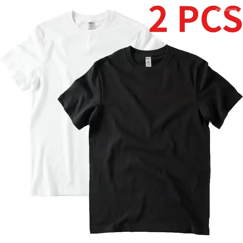 Men's T Shirts 2pcs Solid Color T-shirt Cotton Men Women White O-Neck Loose Short-sleeved Basic Models All-match Couple Tops Black