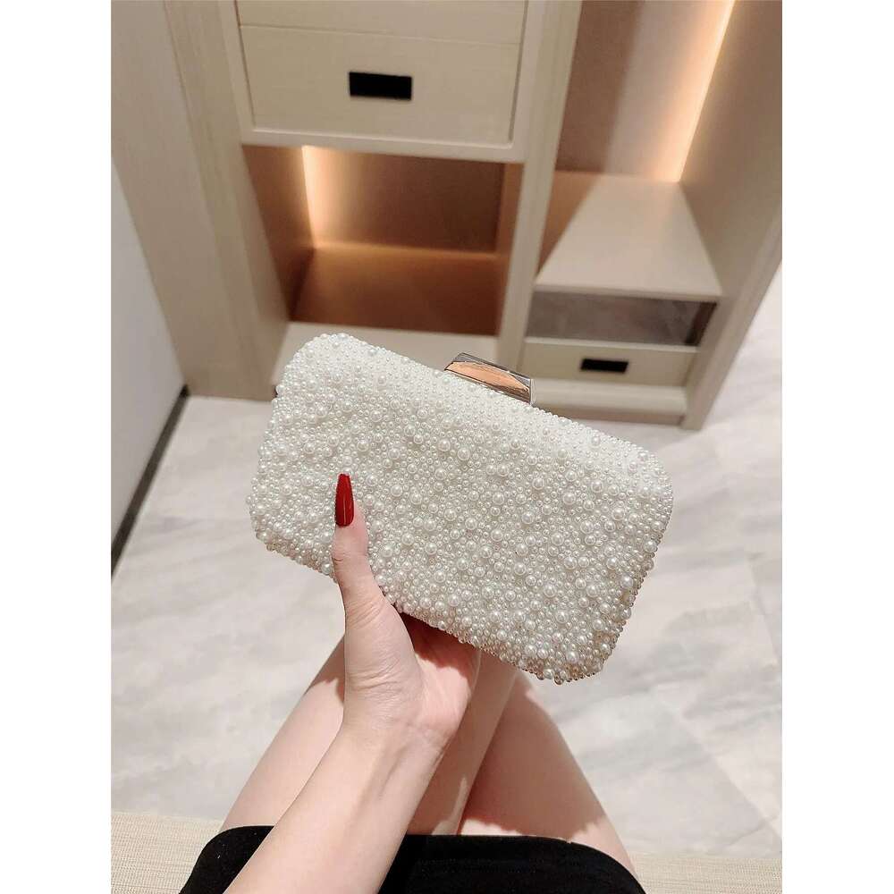 New Pearl Square Box Type Beaded Clutch Chain Banquet Evening Dress Wedding Bag