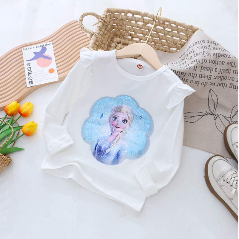 DISNEY Frozen Princess Elsa baby designer clothes Children autumn wear base top girl long-sleeved T-shirt two-sided color-changing sequin princess top