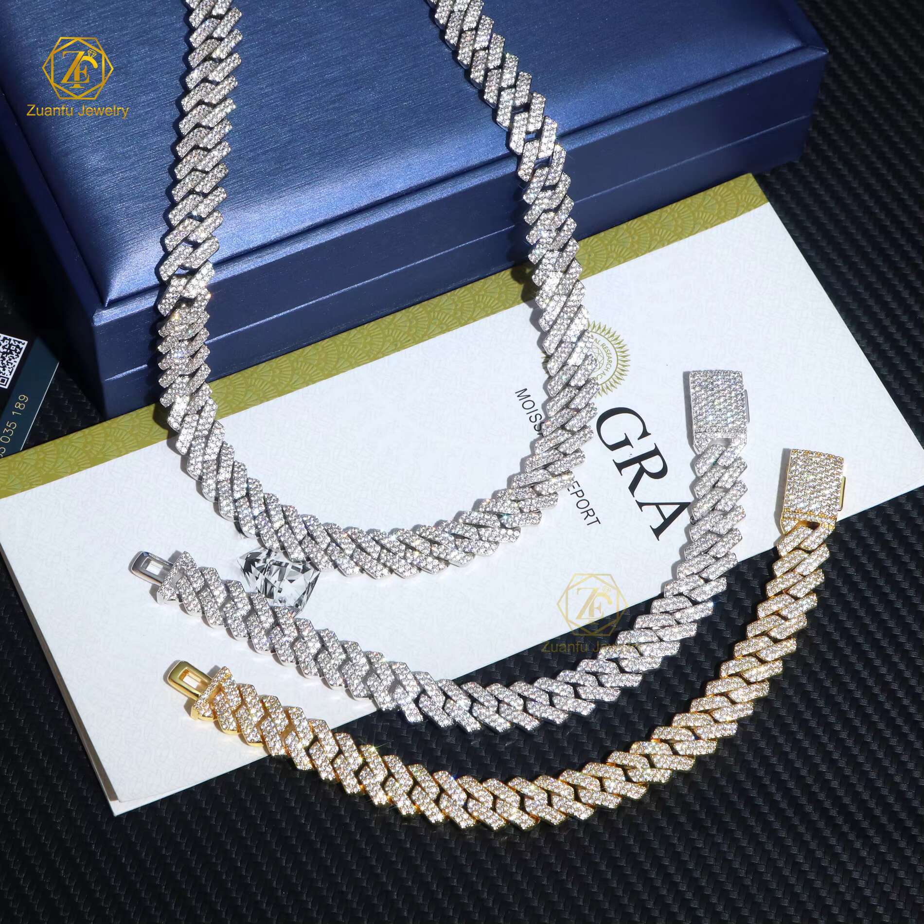 Hot Sale 8mm-15mm VVS Diamond Clusters Cubic Link Necklace 925 Sterling Silver Moissanite Iced Cubic Link Chain