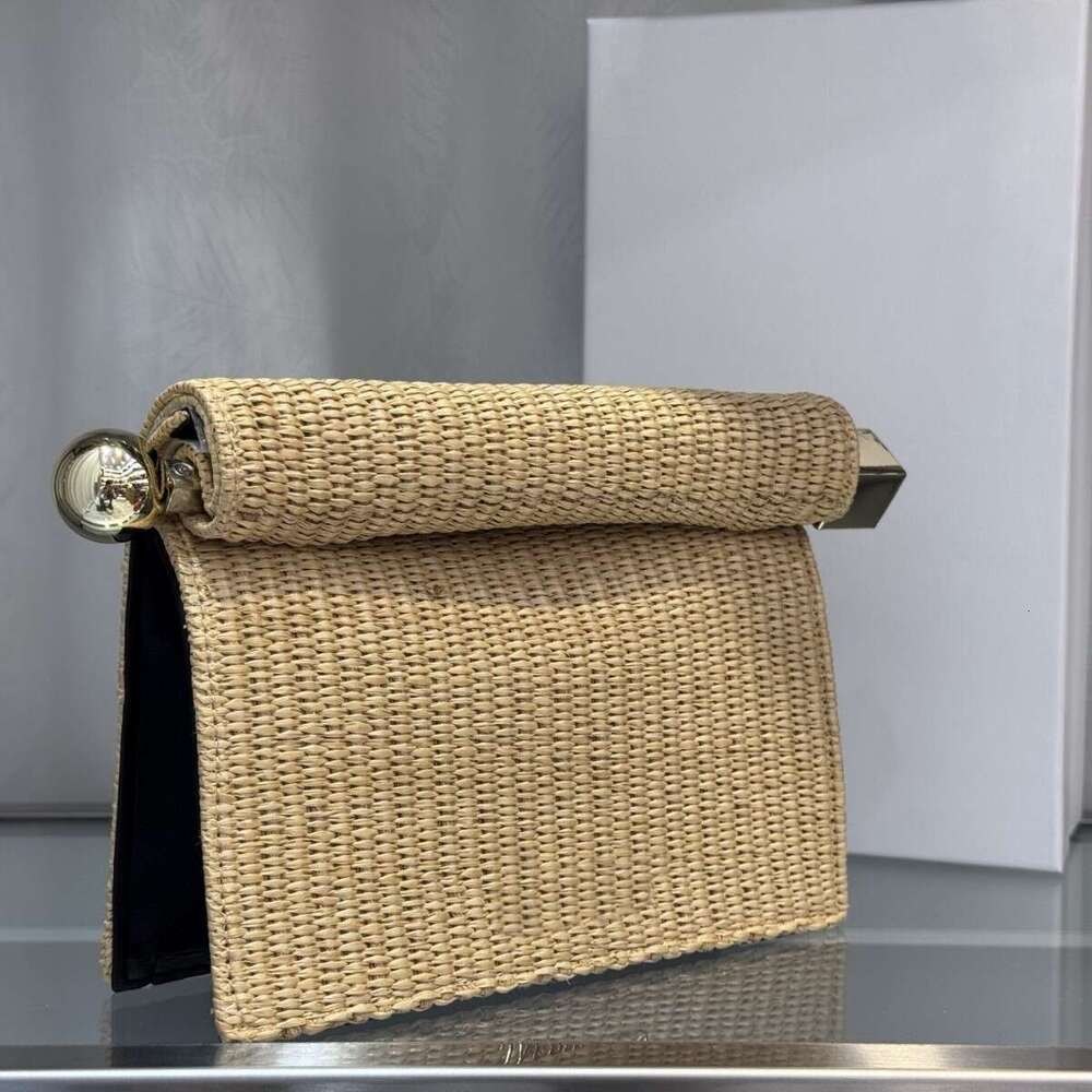 2025 New Summer Straw Sheepskin Vacation Style Handheld Chain Shoulder Crossbody Metal Curled Edge Folding Sculpture Bag