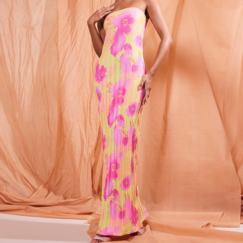 2023 strapless printed pleated slim fit jumpsuit long dress womens dress