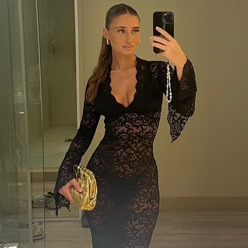 Hot selling new sexy deep V lace pattern perspective slim fitting long sleeved street style long dress for women