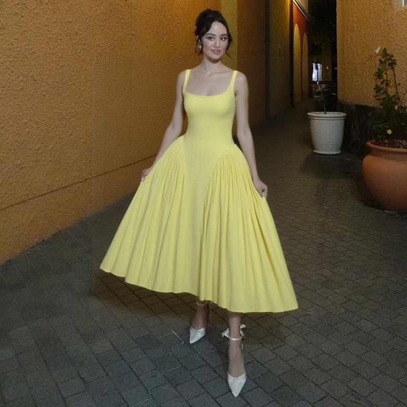 2025 Summer New long Dresses for Womens Clothing Elegant Temperament High Waist Slim Fit Solid Color Square Neck Suspender Dress