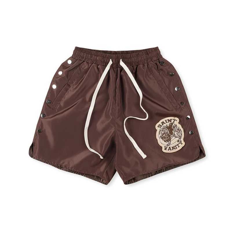Side button letter embroidery breathable summer mens streetwear wide leg pockets five point pants oversized sports shorts M250508