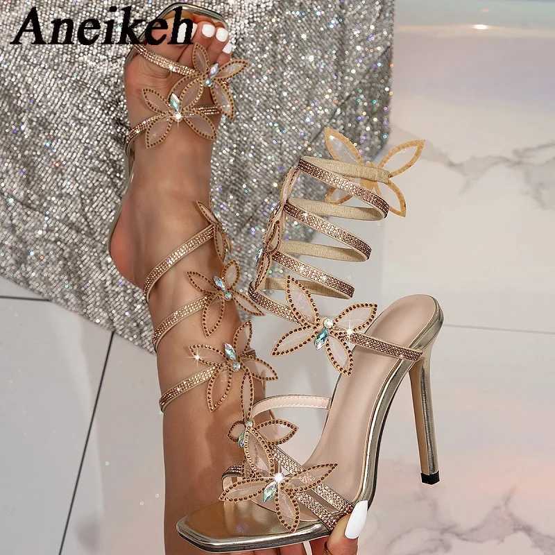 Aneikeh Designer Crystal Butterfly Ankle Strap Gold Sandals Women Wedding Prom Shoes Sexy Square Toe Rhine Heels SandalsXJ250508