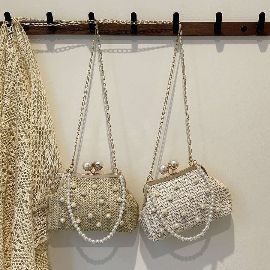Dinner Bag Spring Summer New Fashion Straw Handheld Pearl Single Shoulder Crossbody Ins Girl Simple Banquet Bag KQ