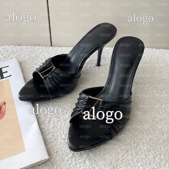 Elegant Dress shoes Ladies stiletto Slippers mule Genuine Leather Fashionable Letter Buckle Sharp toes sandals luxury women designer high-heeled Slipper 35-41