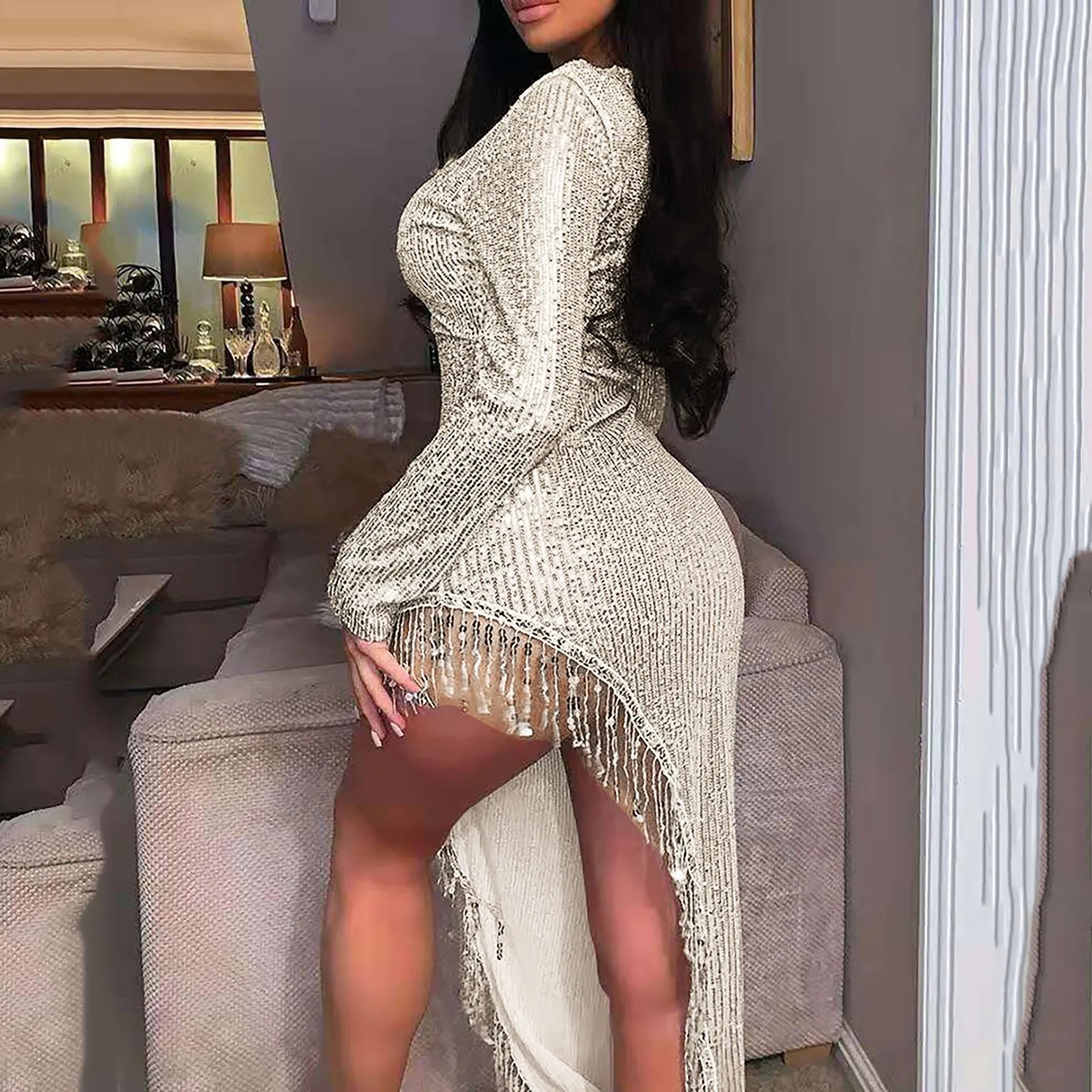 Sexy Asymmetrical Dress Womens Gown Cocktail Bodycon Party Night Dress Tassel Bead Deep V Long Sleeve Side Slit Dresses Vestidos 250507