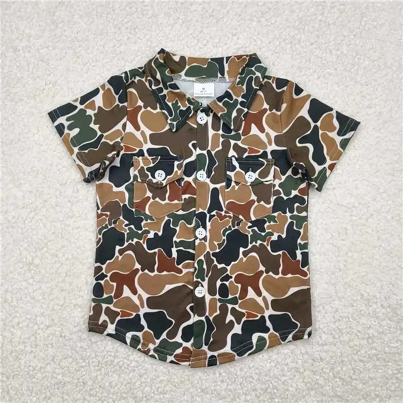 Wholesale summer western boutique children Sibling Baby Boys Western Camo Short Sleeves Button Pockets Shirts Tops 250508
