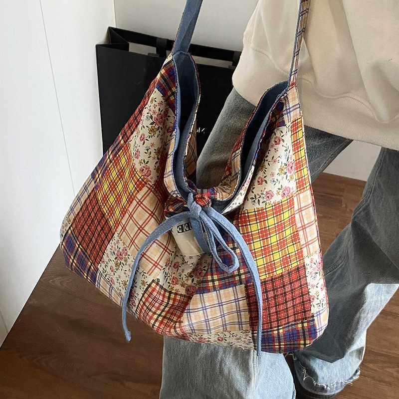 Spring and summer new lazy ethnic style patchwork large capacity tote bag, lightweight and casual artistic sense, single shoulder crossbody women'