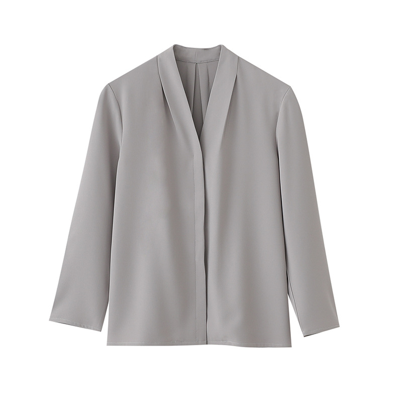 GY180 Spring new style mature V-neck French long-sleeved shirt female professional commuting interview gray white top